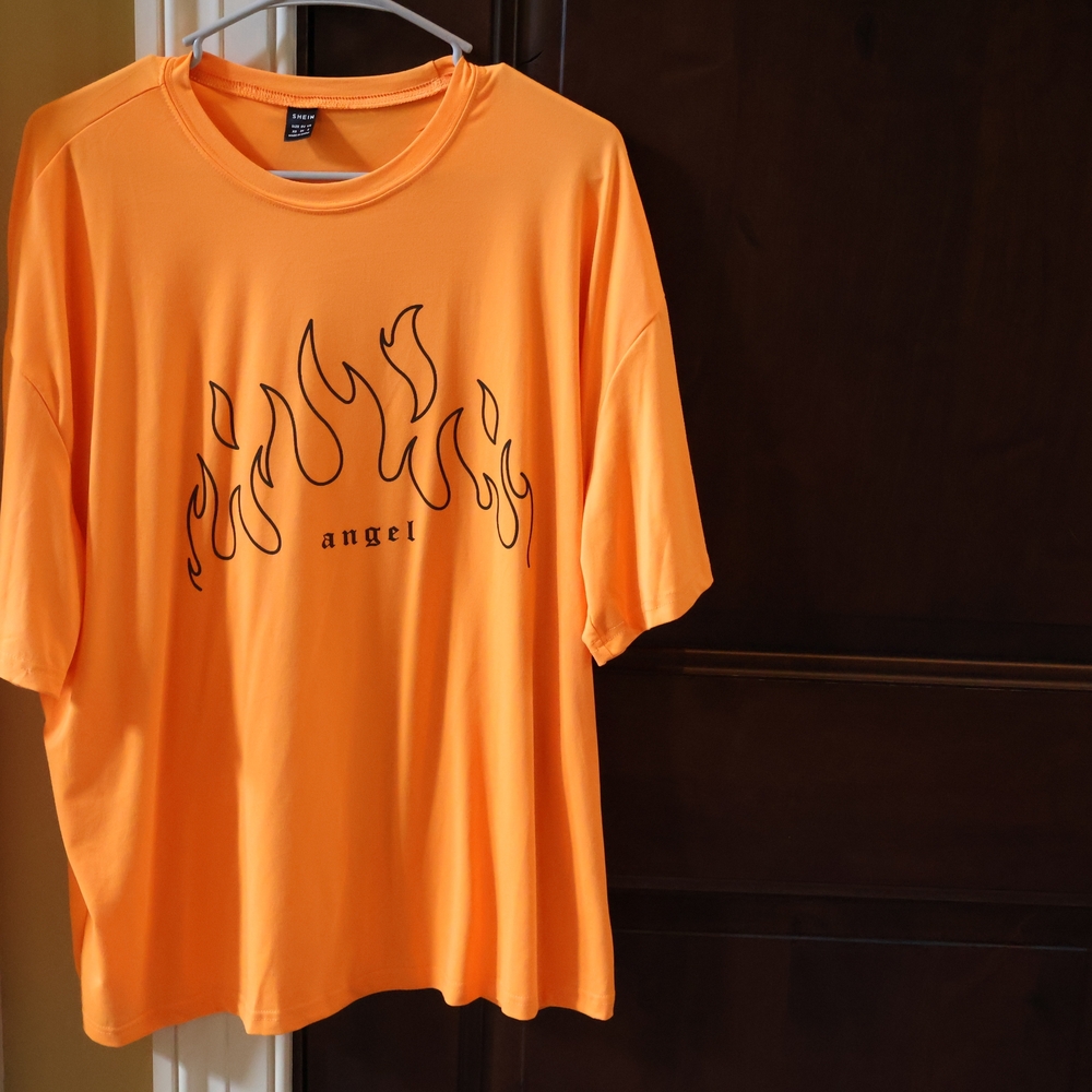 SHEIN Orange Short Sleeve Tee with Black Flame Graphic